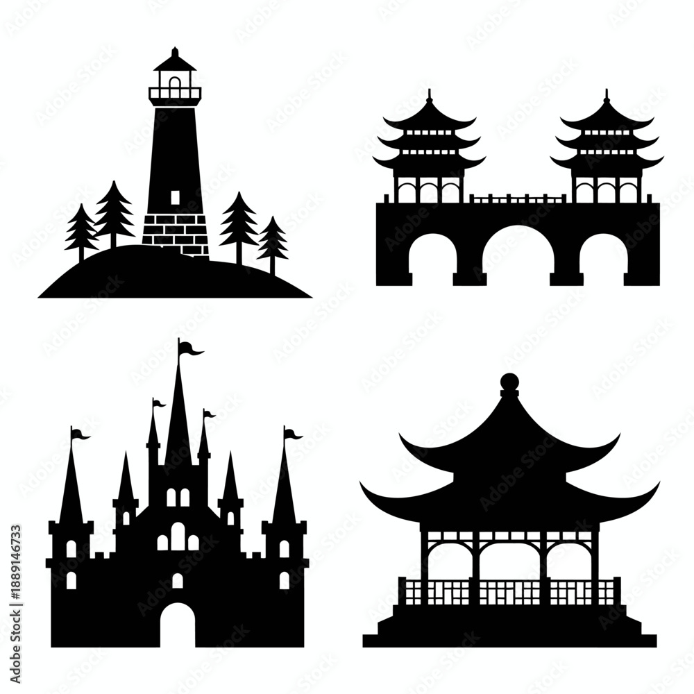 Fototapeta premium Collection of Architectural Silhouettes Including Castle and Pagoda