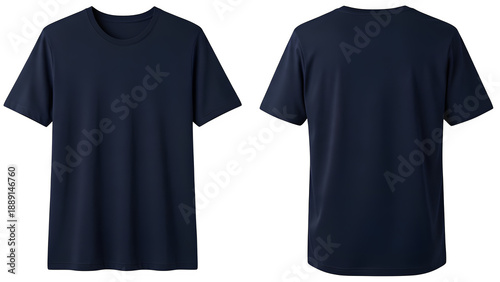 Front and back view of a navy blue crew neck t shirt, isolated on white or transparent background, ideal for apparel mockups, fashion catalogs, branding, and print design. PNG