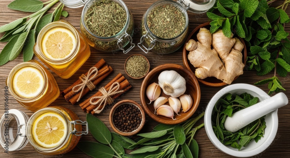 Fototapeta premium Herbal remedies and spices on wooden table for natural health