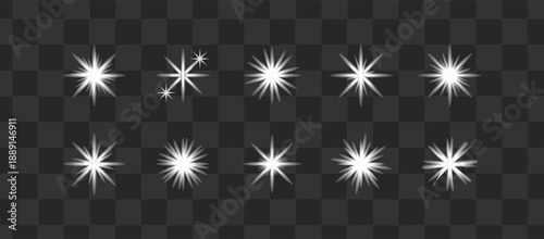 Ray radiance flare glow light white star. Glowing white stars with shimmering rays and lens flare effects. 