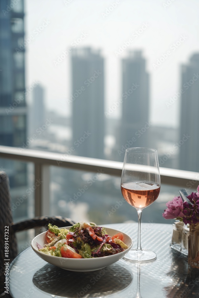 Fototapeta premium Light lunch on sunlit balcony table: salad and glass of rose, distant city skyline softened by spring haze. A moment of quiet refreshment with urban charm.