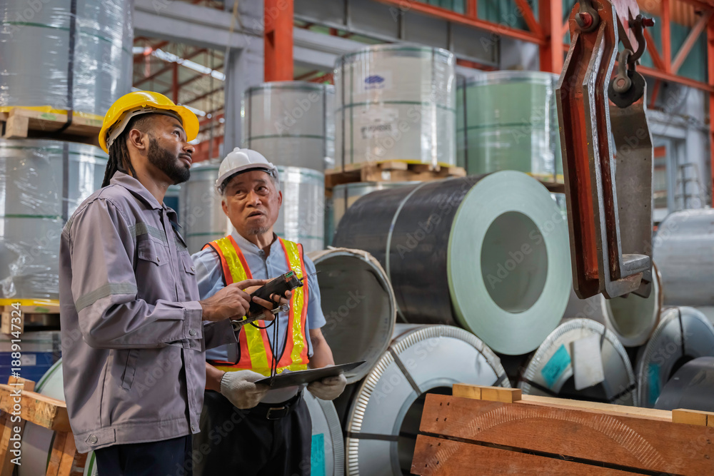 Fototapeta premium Two factory workers discussing metal coil inspection in an industrial warehouse. They wear safety gear, including helmets and vests, emphasizing teamwork, manufacturing, and industrial safety.