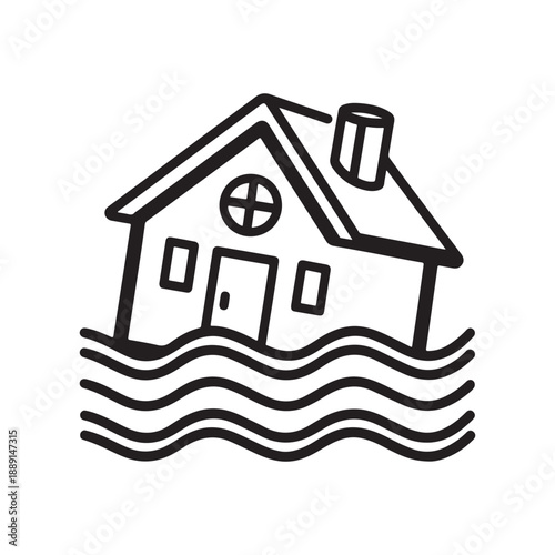 House Flooding Disaster Icon with Water Waves and Tilted Home