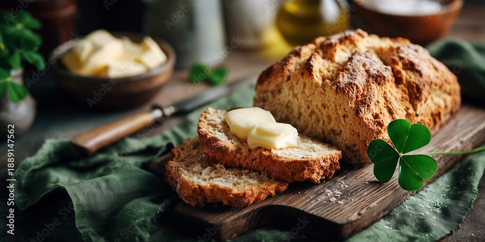 Obraz premium A loaf of traditional Irish soda bread rests on a wooden board with pats of butter and a green linen napkin. A clover leaf tucked nearby adds a soft festive touch.
