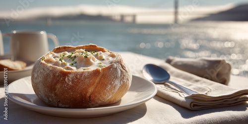 Clam chowder served in a sourdough bread bowl, placed on plate with spoon and linen napkin, seaside table view. Cozy coastal dining with foggy California atmosphere and warm food focus.