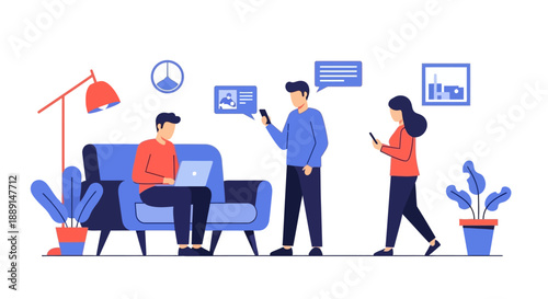 People interacting in a living room with technology and plants