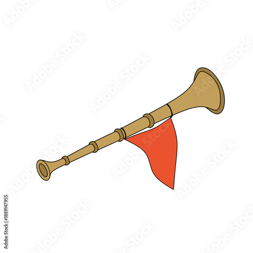 Traditional Korean long trumpet called Nagak, decorated with a red triangular flag. This ceremonial wind instrument is used in royal court music and military processions, symb