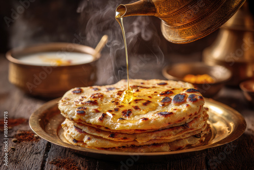 Traditional Indian Puran Poli with Melting Ghee Pouring on Top