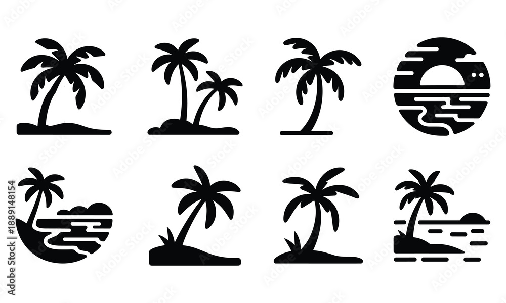 Fototapeta premium Set of 8 Palm Tree Silhouettes with Various Island and Water Compositions