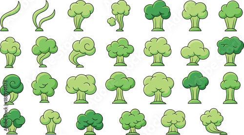 Hand drawn broccoli vegetable icons set in different shapes for healthy food, cooking, and organic nutrition designs