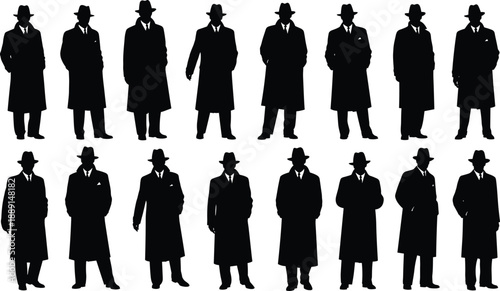Collection, of, black, silhouettes, featuring, men, in, vintage, overcoats, and, hats, for, fashion, mystery, detective, noir, gentleman, and, classic, design.