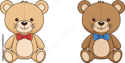 Hand drawn cute teddy bear toy icons set with bow ties for kids, nursery decoration, and plush animal designs