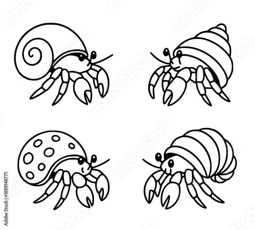 4 illustrations of hermit crabs in outline version, for coloring