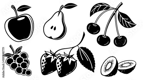 A black and white illustration of various fresh fruits on a white background