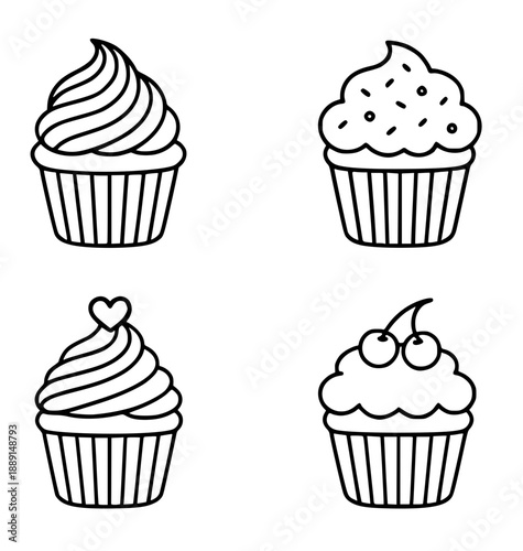 4 cupcake illustrations in outline version, for coloring