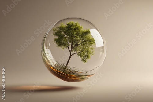 Abstract glass sphere containing a growing tree symbolizing sustainability balance and future growth
