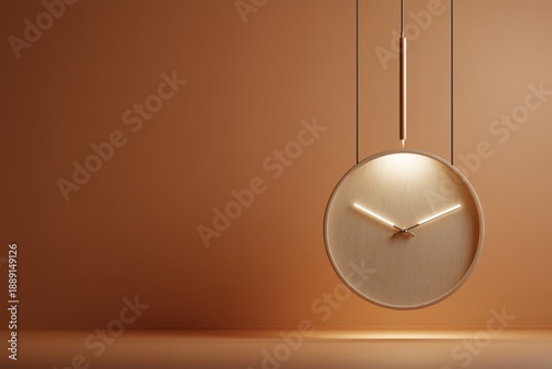 Minimal abstract scene with suspended wall clock symbolizing balance time and calm awareness