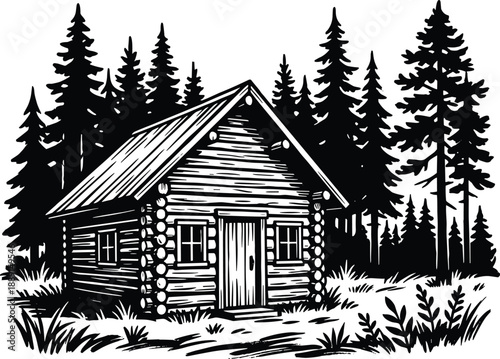 Rustic log cabin in forest, pine trees, nature scene, woodcut style, black and white silhouette, wilderness retreat - flat vector illustration