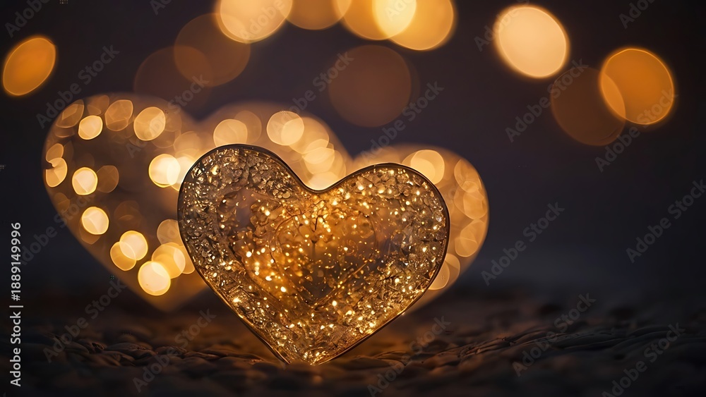 Fototapeta premium Warm glowing heart shaped bokeh lights with soft focus, creating a gentle and emotional atmosphere that represents affection, love, and emotional warmth.