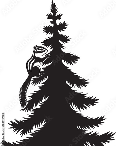 Black silhouette of a chipmunk climbing a pine tree squirrel evergreen d