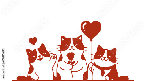 Three cartoon cats celebrating with a rose and a heart balloon.