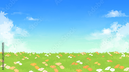 Tableau sur toile 花が咲く草原と青空の背景