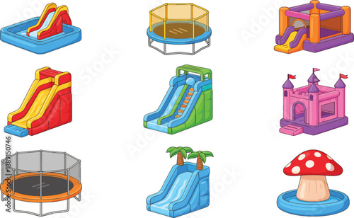 Hand drawn playground inflatable attraction icons set with slides, trampolines, bounce houses, and kids amusement park elements