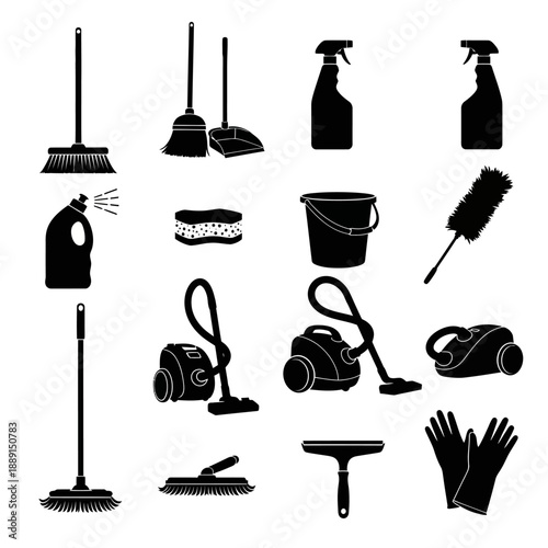 Black vector cleaning tools and supplies icon set: broom, mop, vacuum cleaner, spray bottle, bucket, sponge, duster, gloves, isolated on white
