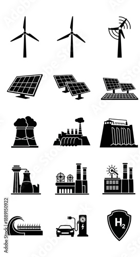 Renewable Energy and Power Plant Vector Icons Set: Wind Turbines, Solar Panels, Hydroelectric Dam, Nuclear, Factory, H2 Shield, isolated on white