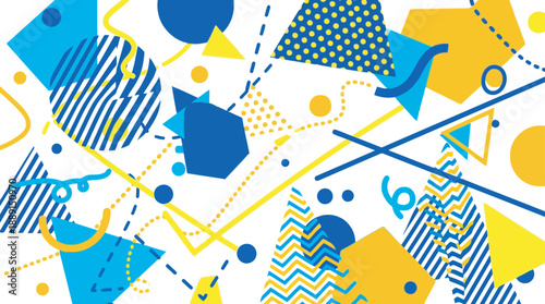 Abstract Geometric Composition: A dynamic arrangement of geometric shapes in shades of blue and yellow, creating a visually stimulating pattern, conveying a sense of modernity and artistic expression.