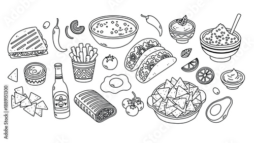 A collection of various Mexican food items and dishes illustration