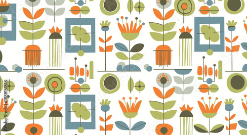 Modern Mid-Century Stylized Geometric Floral Pattern in Orange, Green, and Blue on Isolated White Background