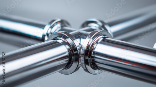Connecting chrome steel pipes with precision fittings, industrial metalworking solution details, engineering design and laconic technical design