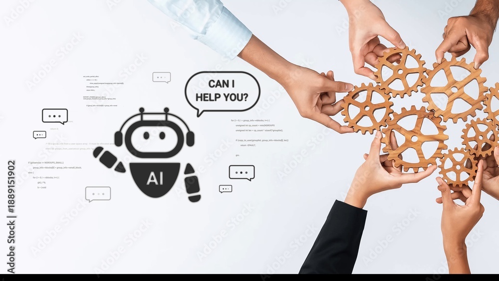 Obraz premium Hands Collaborating with Gears and AI Robot Offering Assistance Concept in Modern Technology Environment Gluon.