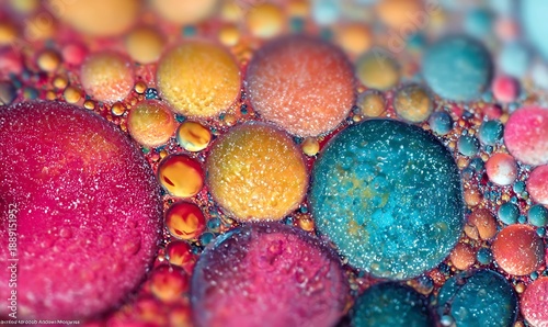 Close-up of colorful abstract bubbles in various shapes and sizes, creating a textured and vibrant visual pattern.