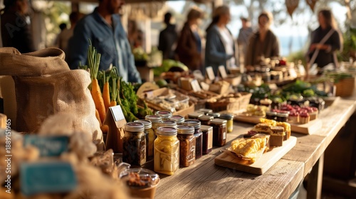 Artisanal Jars and Produce Displayed at Sunny Outdoor Farmers Market