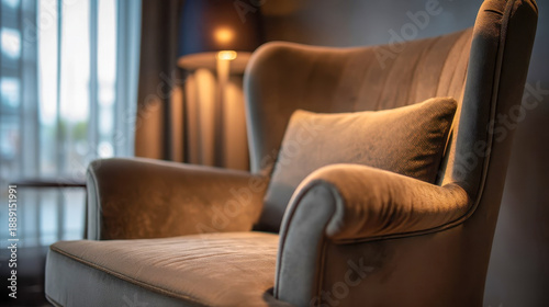 A cozy velvet armchair in warm, diffused light, an elegant living room interior, soft upholstery and a relaxing homely atmosphere
