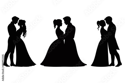 Wedding couple silhouettes. bride and groom embracing graphic art. silhouette of bride and groom