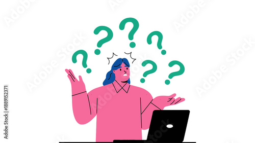 A confused person is surrounded by question marks, questioning their work.