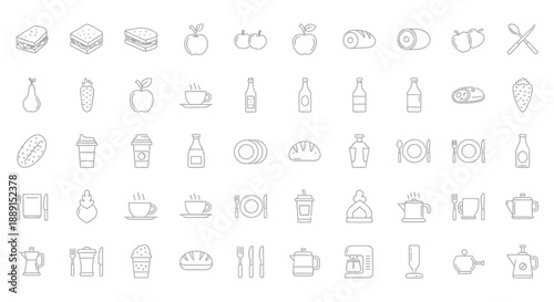 A collection of hand drawn line art icons depicting food kitchenware and various household items in grayscale