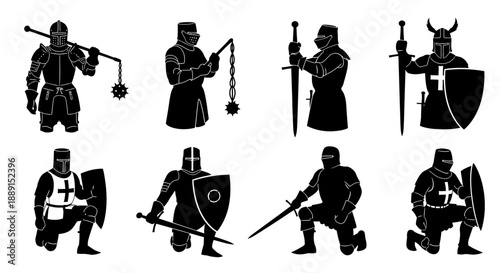 Medieval Knights Vector Silhouette Set with Swords, Shields, and Flails, Historical Warrior Armor Collection isolated on white