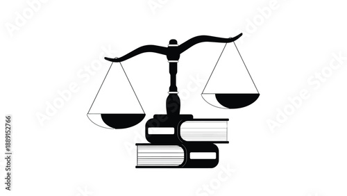 A black and white illustration of a scale of justice on top of books
