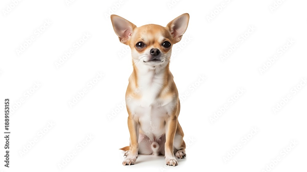 Obraz premium Adorable Short-Haired Fawn Chihuahua Sitting Alertly, Isolated on a Pure White Background: Perfect High Key Studio Portrait of a Tiny, Loyal Companion Dog Looking Directly at the Camera