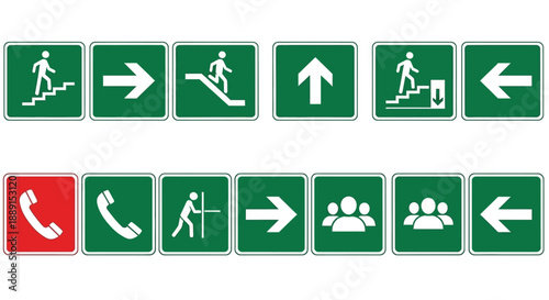 A collection of green and red safety signage depicting emergency exit routes and communication methods