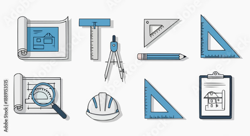Collection of architectural and engineering tools and documents displayed on a clean white background from a straightforward viewpoint