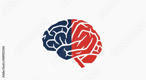 Illustration of a human brain divided into two halves, one red and one blue, symbolizing cognitive function and duality from a frontal perspective.