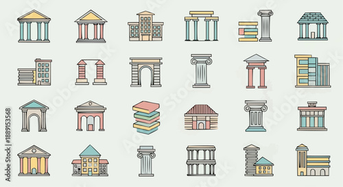 Ancient Greek architectural elements and structures illustrated in a grid layout from a straightforward viewpoint