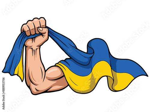 Ukrainian flag waving strong muscular arm fist symbolizing national pride and strength  ukrainian flag waving strong muscular arm fist