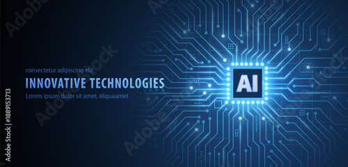 Blue circuit board with AI chip. Artificial intelligence, Digital memory, Deep neural network education technology, Brain connect, AI data analysis, Futuristic tech concept

