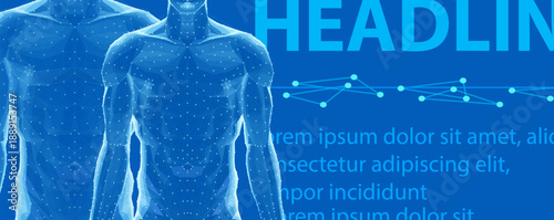 Human body on blue. Abstract vector. Digital anatomy, Medical technology, Muscle structure, Health innovation, 3D model, DNA biotechnology, Body system, Science medicine, Healthy anatomy concept

